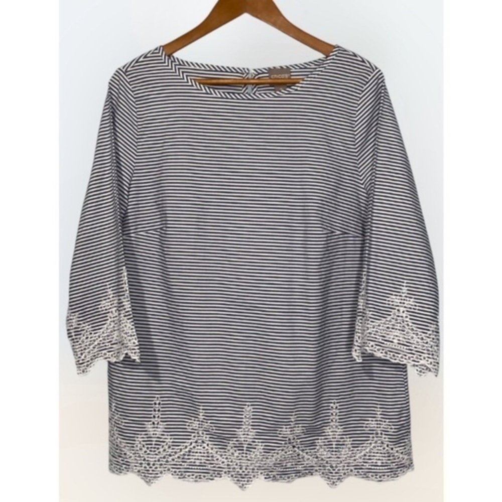 Chico’s Blue & White Striped Embroidered Hem & Cuffs 3/4 Sleeve Cotton Top Large